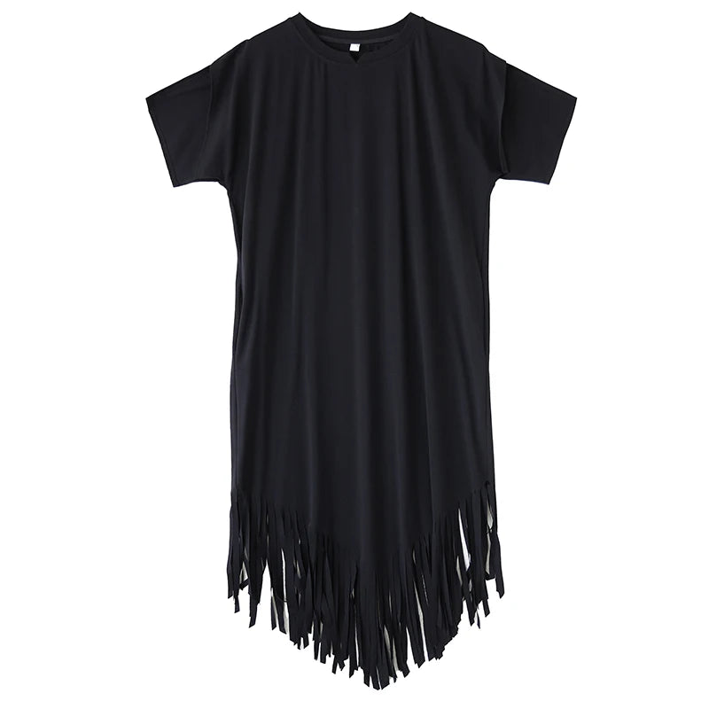 XITAO Asymmetrical Tassel Patchwork Women Dress Solid Color O-neck Pullover Short Sleeve Loose Mid-calf Casual Dress ZMY1170