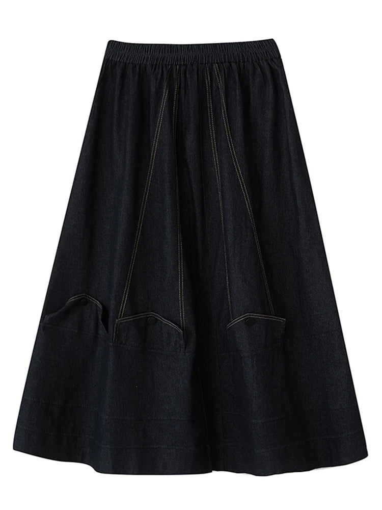 XITAO Pocket Elastic Waist Casual Skirt Loose Fitting Vintage Fashion A-line High Waist New Simple Spring Women Skirt GYX1512