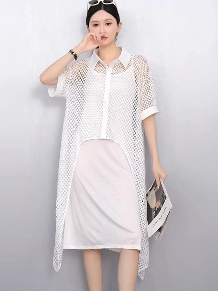 XITAO Asymmetrical Single Breasted Dress Casual A-line Loose Fitting Slimming Hollow Out Half Sleeve Summer Female Dress GYX1662