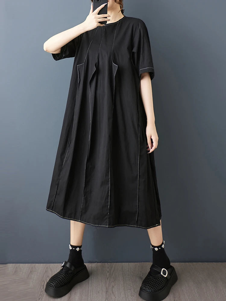 XITAO Asymmetrical Patchwork O-neck Dress Solid Color Short Sleeve Casual Slimming Pullover Simple Summer Woman Dress ZMY1358