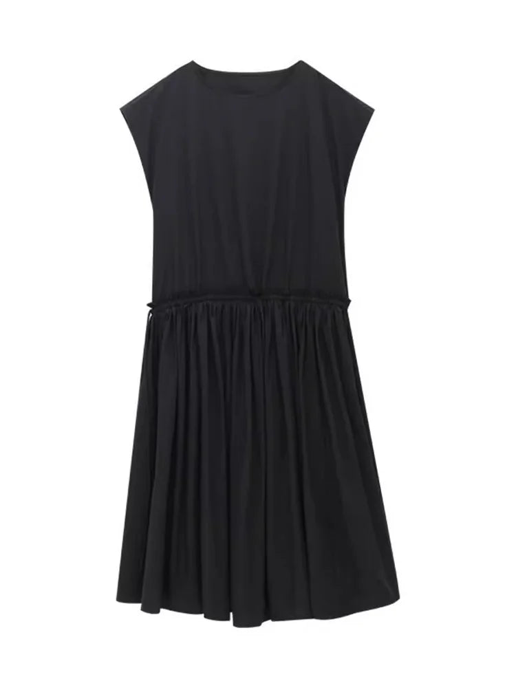 XITAO Solid Color Drawstring Dress O-neck Simple Temperament Pullover Slimming Loose Summer Woman A-line Casual Dress ZMY1331