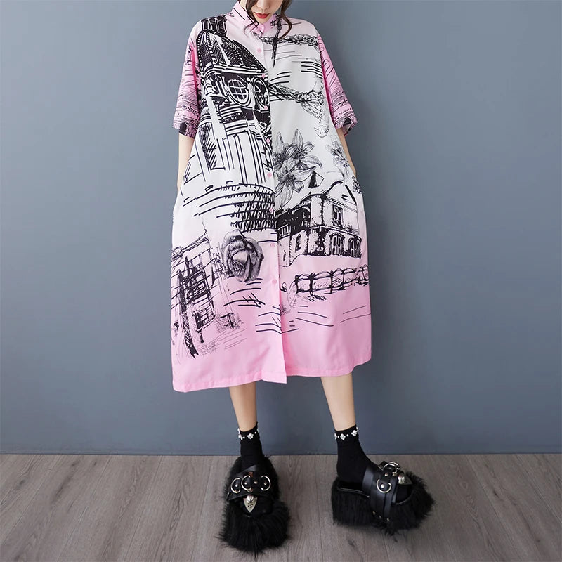 XITAO Contrast Color Print Pocket Patchwork Dress Turn-down Collar Single Breasted Short Sleeve Loose Casual Shirt Dress ZMY1169