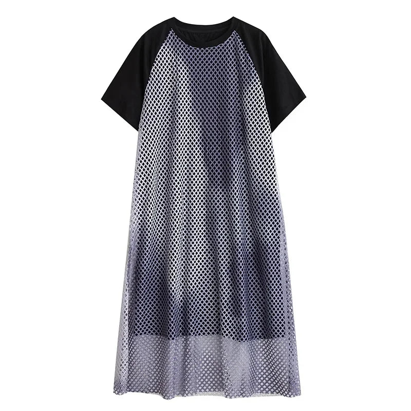 XITAO Hollow Out Patchwork Mesh Grid Dress O-neck Casual Short Sleeve Loose Temperament Pullover Summer Woman Dress ZMY1280