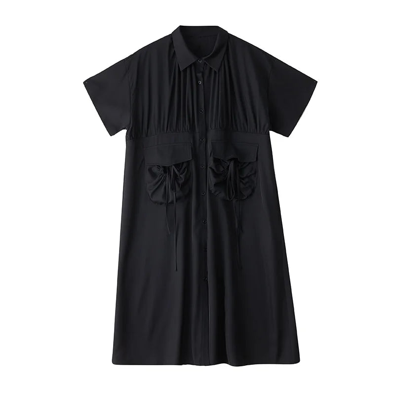 XITAO Pleated Single Breasted Pocket Dress Casual Solid Color A-line New Fashion Short Sleeve Summer Female Dress ZMY1146