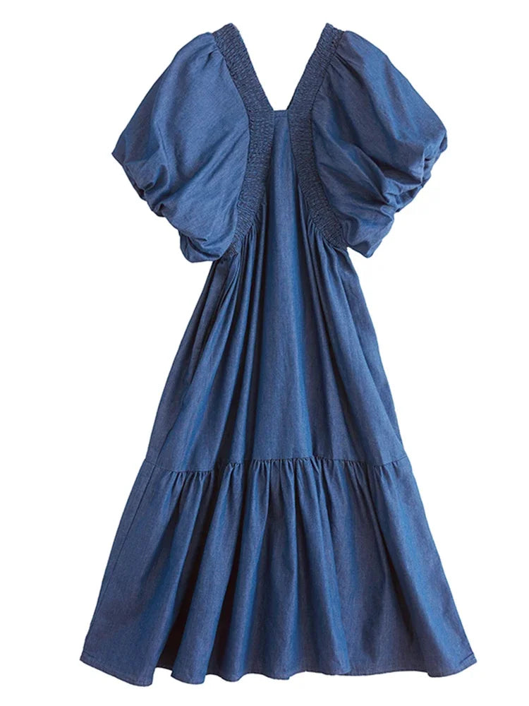 XITAO Puff Sleeve Solid Color Pleated Female Dress V-neck Patchwork Personality Temperament Elegant Summer Woman Dress ZMY1255