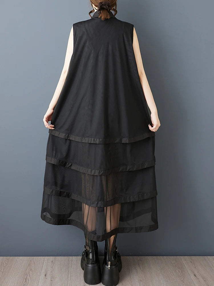 XITAO Patchwork Mesh Turn-down Collar Dress Casual A-line Sleeveless Fashion All Match Single Breasted Women Dress GYX1659