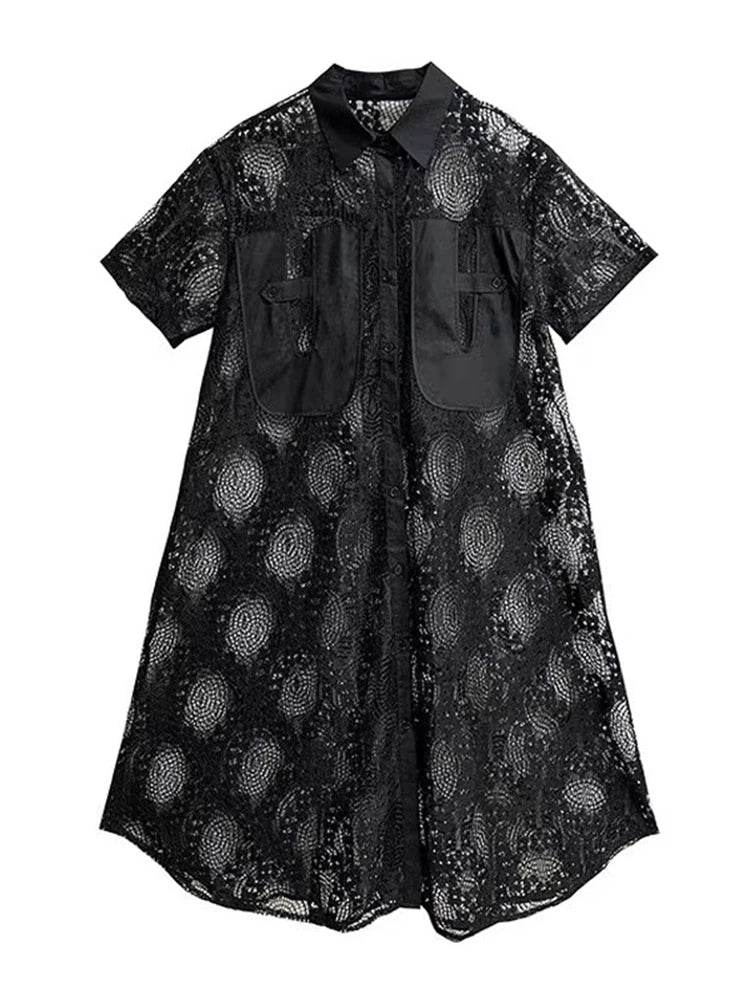 XITAO Lace Patchwork Single Breasted Dress Solid Color Turn-down Collar Short Sleeve Loose A-line Slim All Match Dress ZMY1190