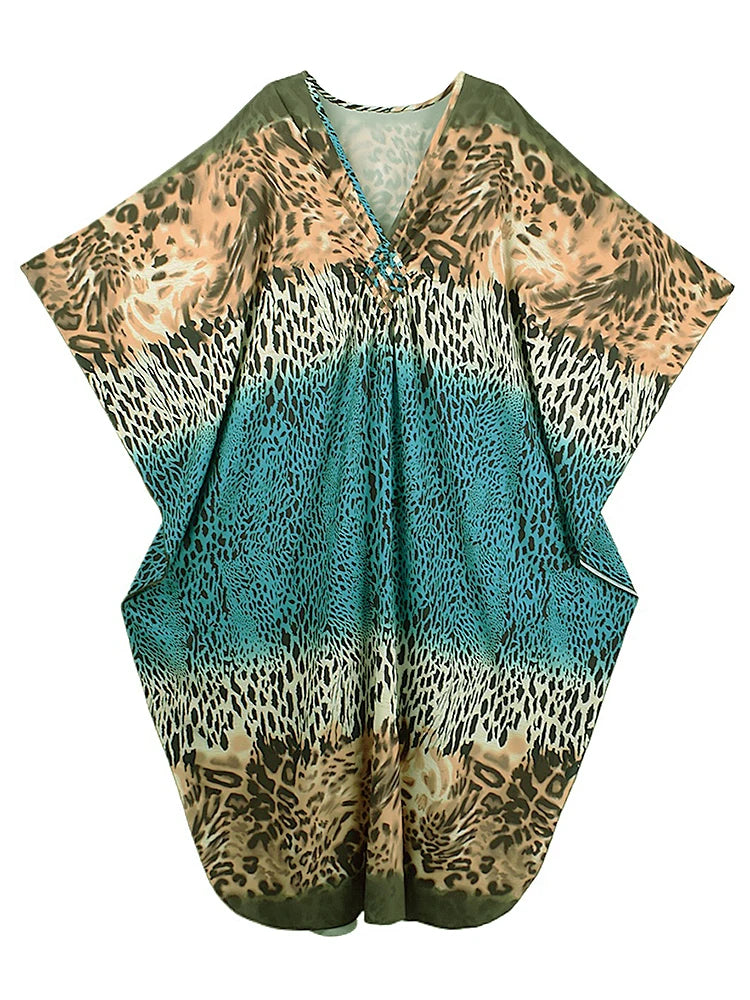 XITAO Leopard Print V-neck Dress Pullover Bat Wing Sleeve Loose Casual Vintage Temperament Summer Woman Personality Dress GJ1182