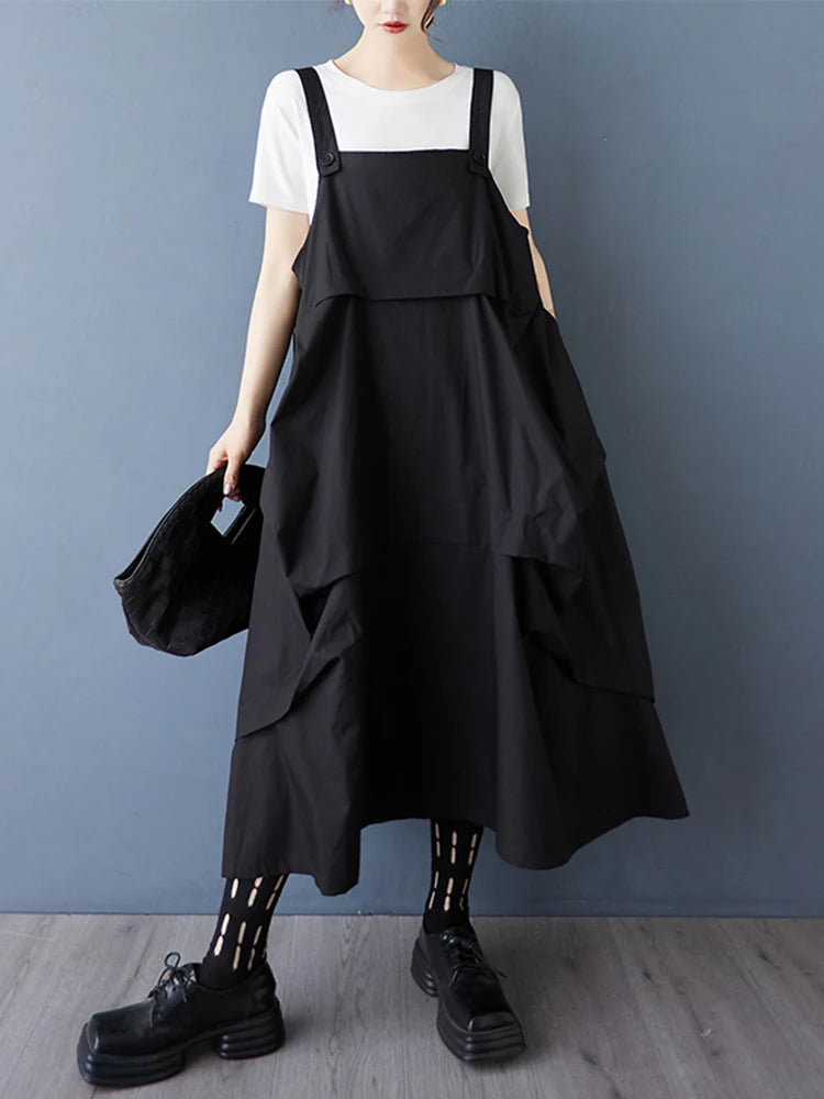 XITAO Irregular Folds Women Dress Loose Slimming A-line Women Summer Sleeveless Solid Color Temperament Trend Dress ZMY1211