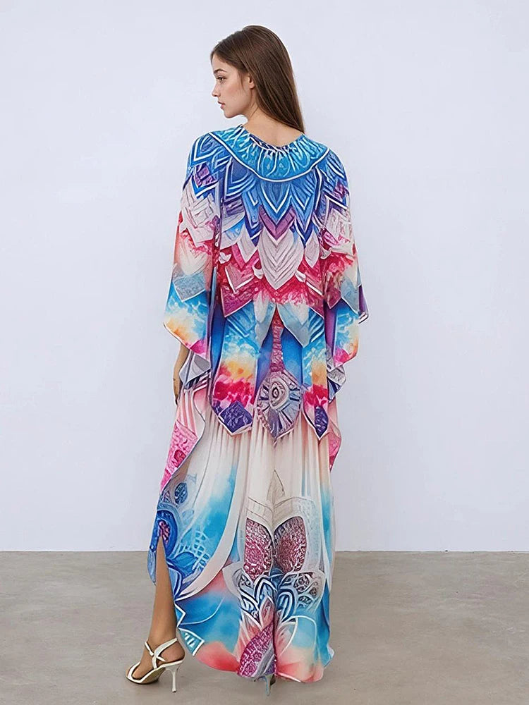 XITAO Bat Wing Sleeve Side Slit Dress Loose Print Casual V-neck Wrist Sleeve Vintage Fashion Slimming Summer Woman Dress GJ1157
