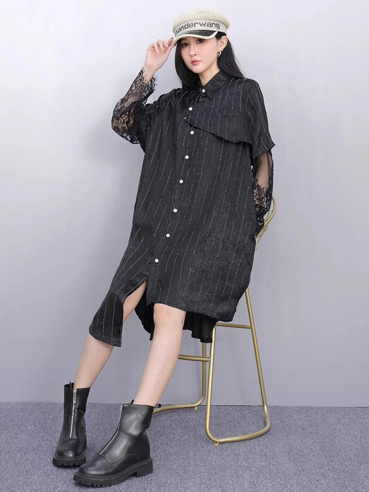 XITAO Irregular Patchwork Mesh Single Breasted Dress Loose Fitting Thin Fashion Stripe Pocket Lapel Summer Female Dress ZMY1346