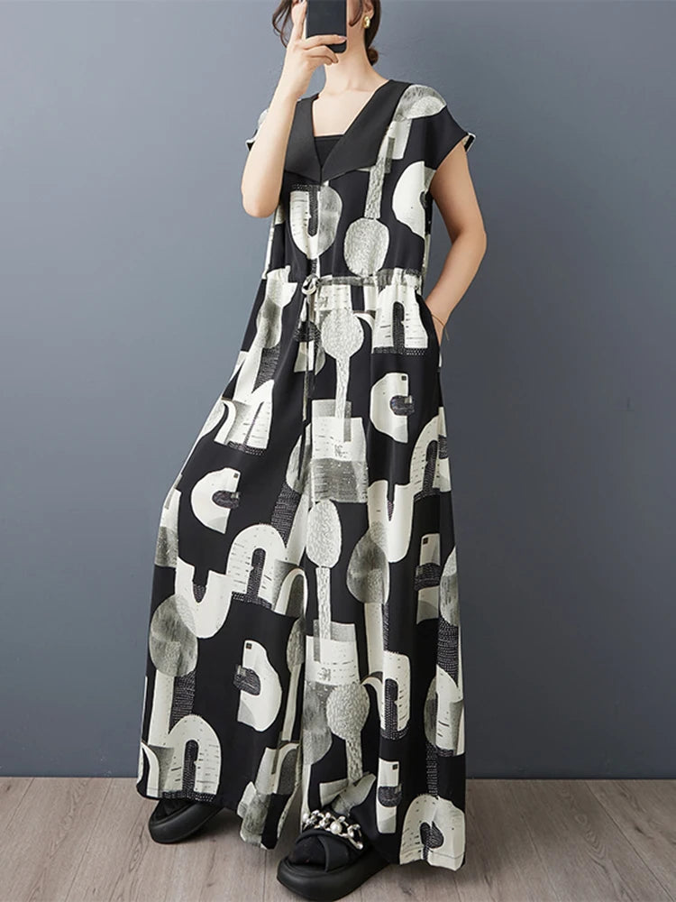 XITAO Print Letter Contrast Color Bandage Jumpsuits V-neck Short Sleeve Pocket Loose Slim Casual Summer Women Jumpsuits ZMY1351