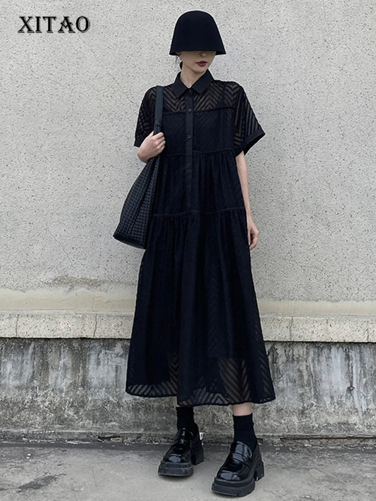 XITAO Patchwork Hollow Out Female Two Piece Dress Turn-down Collar A-line Casual Short Sleeve Simple Summer Woman Dress ZMY1259
