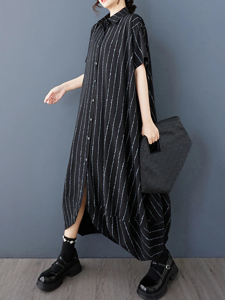XITAO Loose Irregular Striped Dress Casual Short Sleeve Single Breasted Women Summer Turn-down Collar Shirt Dress ZMY1171