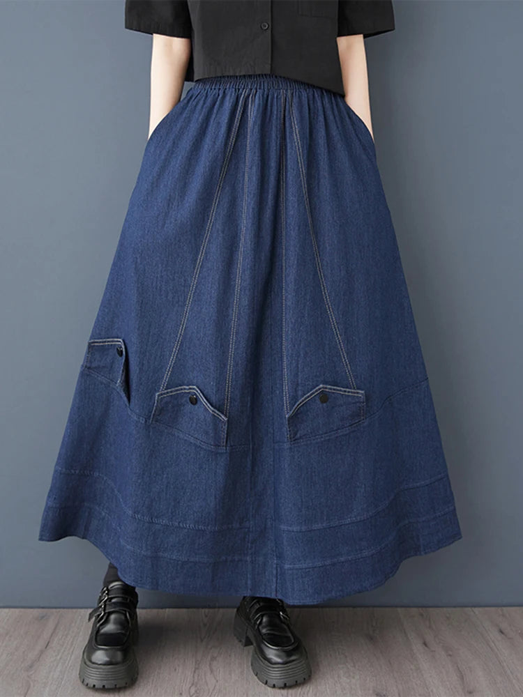 XITAO Pocket Elastic Waist Casual Skirt Loose Fitting Vintage Fashion A-line High Waist New Simple Spring Women Skirt GYX1512