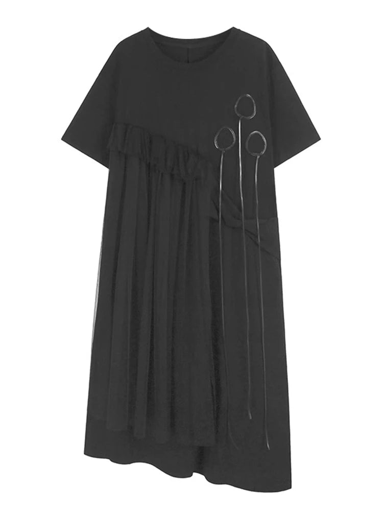 XITAO Female O-neck Vintage Dress Gauze Patchwork Solid Color Simple Temperament Pullover Summer Woman Slimming Dress ZMY1375