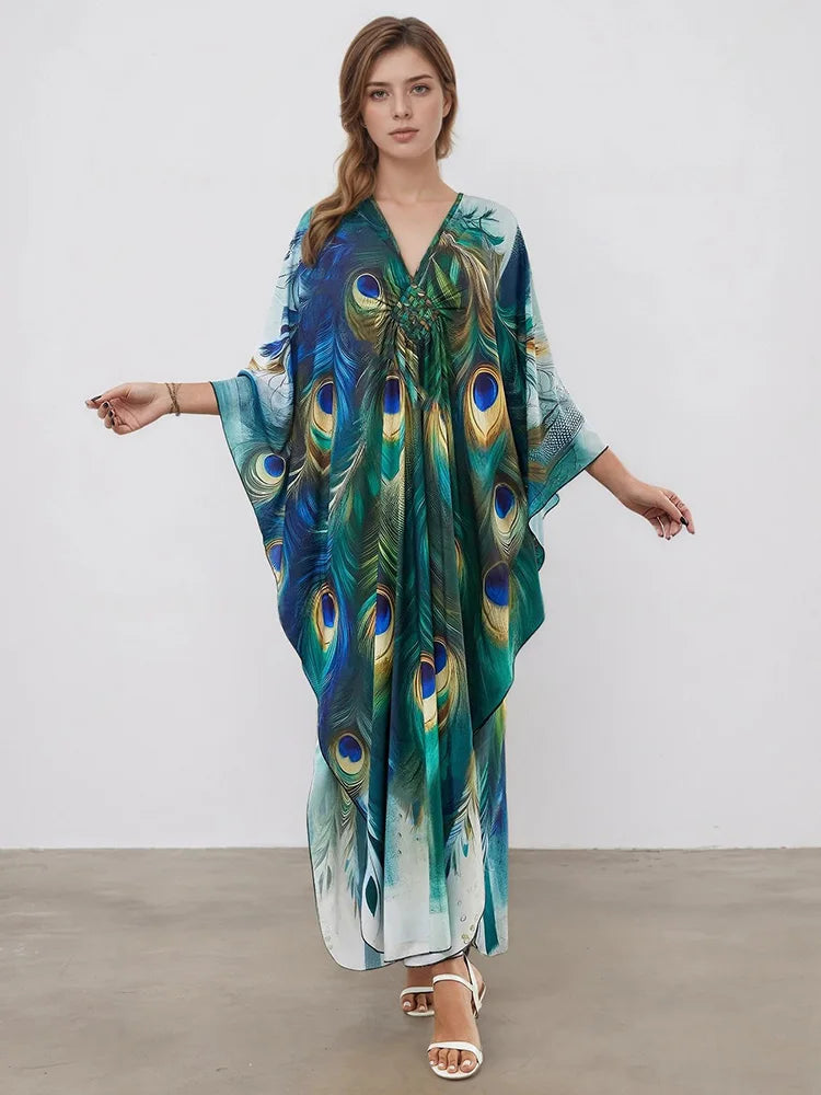 XITAO Peacock Print Vintage Dress Pullover V-neck Bat Wing Sleeve Temperament Slim Summer Woman Loose Casual Dress GJ1152