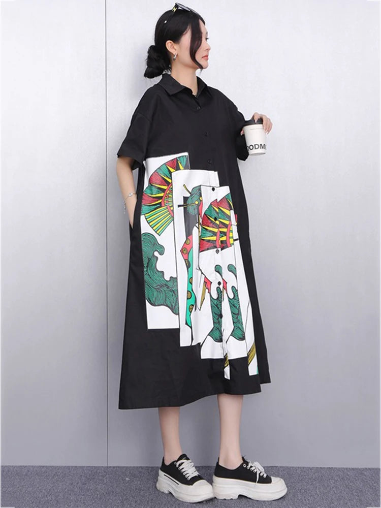 XITAO Patchwork Print Cartoon Dress Casual Turn-down Collar Loose Fitting New Single Breasted Summer Female Dress GYX1552