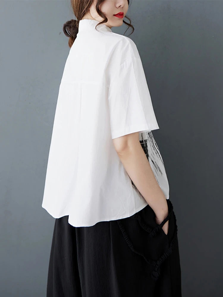 XITAO Single Breasted Print Lapel Shirt Casual Half Sleeve Turn-down Collar Vintage Solid Color Slimming Women Blouse GYX1532