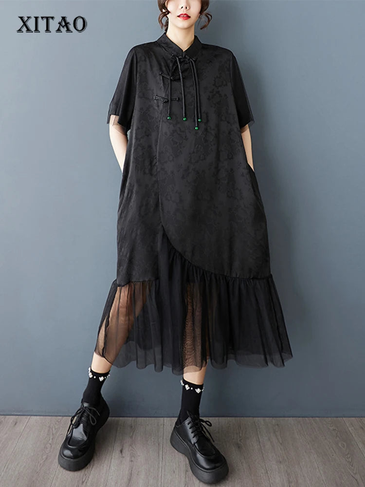 XITAO Loose Mesh Patchwork Female Dress Casual Vintage Tassel Women Summer Short Sleeve Irregular Goddess Fan Dress HQQ2480
