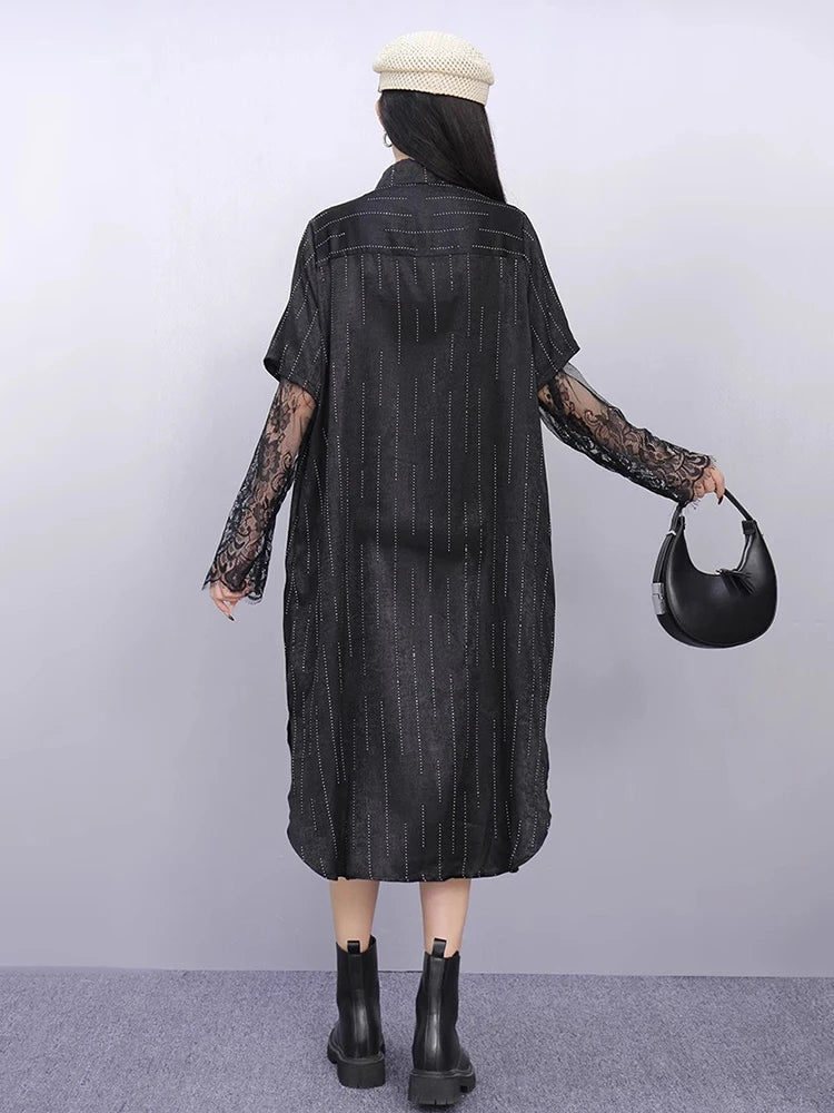 XITAO Irregular Patchwork Mesh Single Breasted Dress Loose Fitting Thin Fashion Stripe Pocket Lapel Summer Female Dress ZMY1346