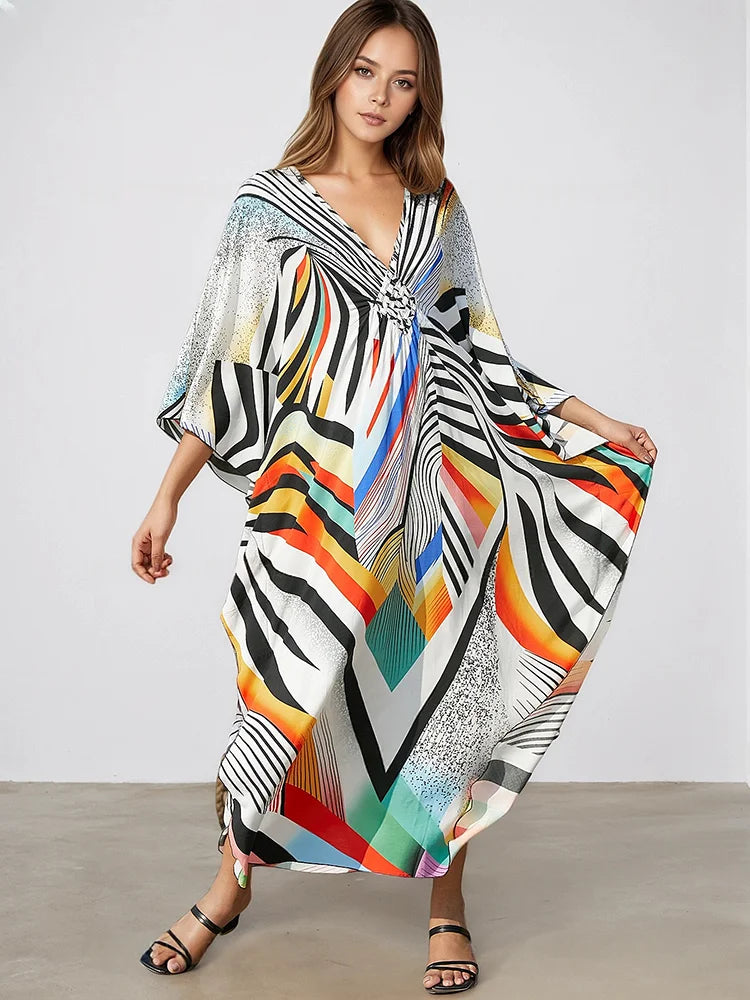 XITAO Batwing Sleeve Print Striped Dress Ankle-length Pullover V-neck Side Slit Slimming Summer Woman Loose Fashion Dress GJ1185