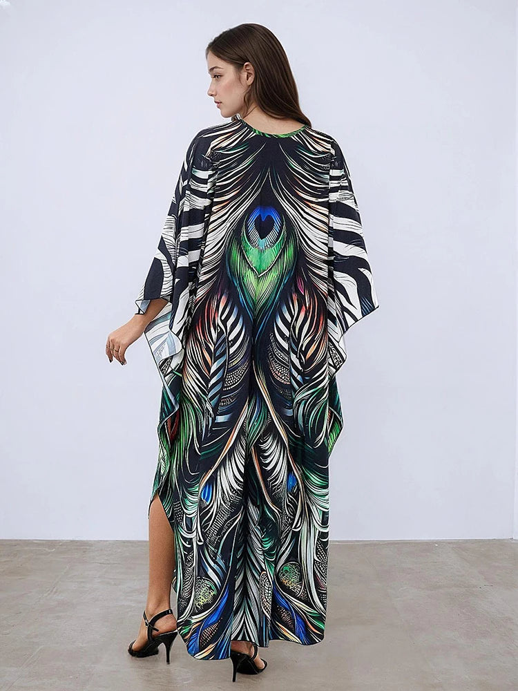 XITAO Print Contrast Color Loose Female Dress V-neck Casual Ankle-length Elegant Personality Pullover Summer Woman Dress GJ1158