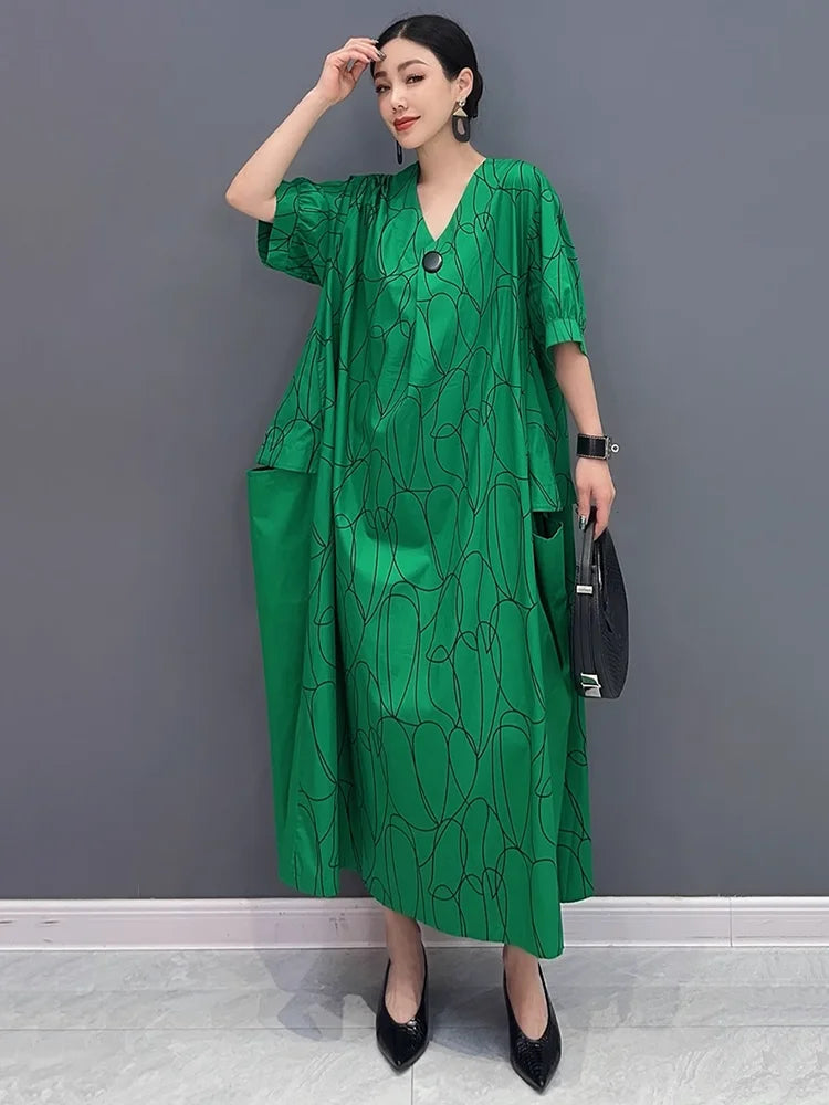 XITAO Loose Print Patchwork V-neck Green Dress Casual Fashion Temperament Pocket Women Simple Elegant Big Hem Dress GYX1581