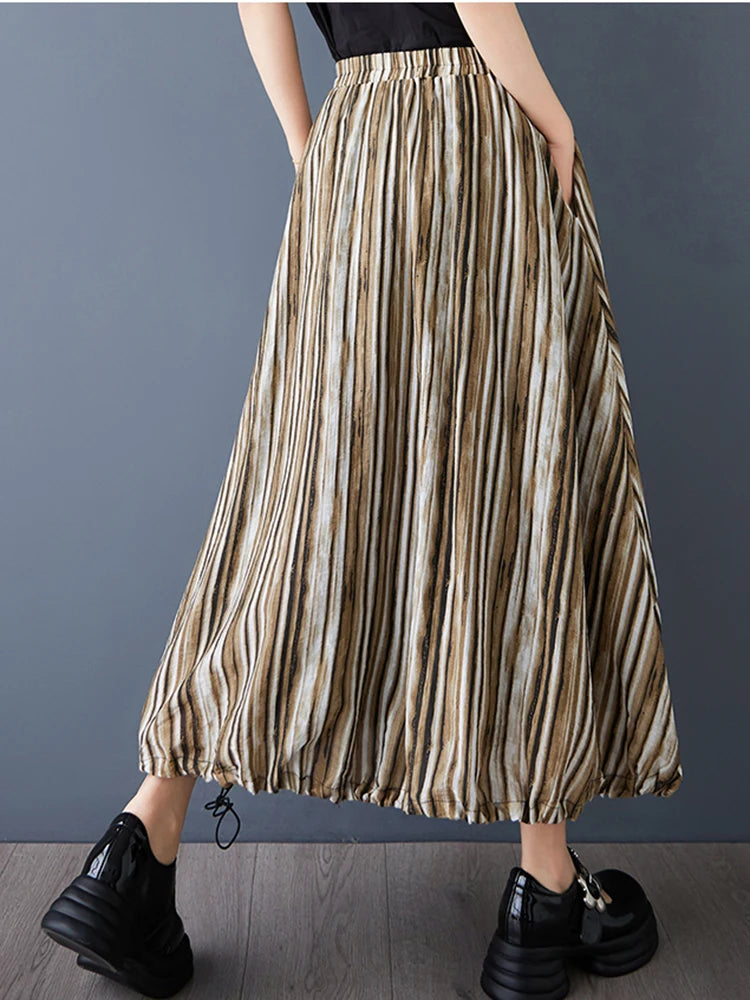 XITAO Stripe Elastic Waist A-line Skirt Casual Mid-calf Solid Color Personality Simple Vintage Summer Women Skirt GYX1646