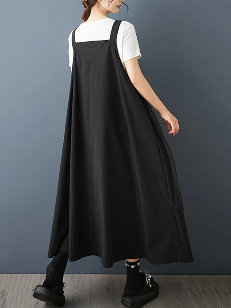 XITAO Gauze Irregular Solid Color Straps Dress Patchwork Turn-down Collar Sleeveless Casual Slimming Summer Woman Dress ZMY1295
