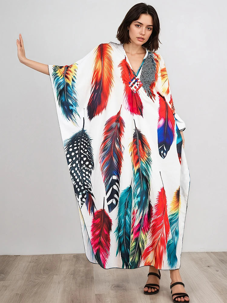 XITAO Contrast Color Printing Cartoon Women Dress Beach Thin Comfortable Bat Sleeve V-neck Pullover Fashion Casual Dress GJ1207