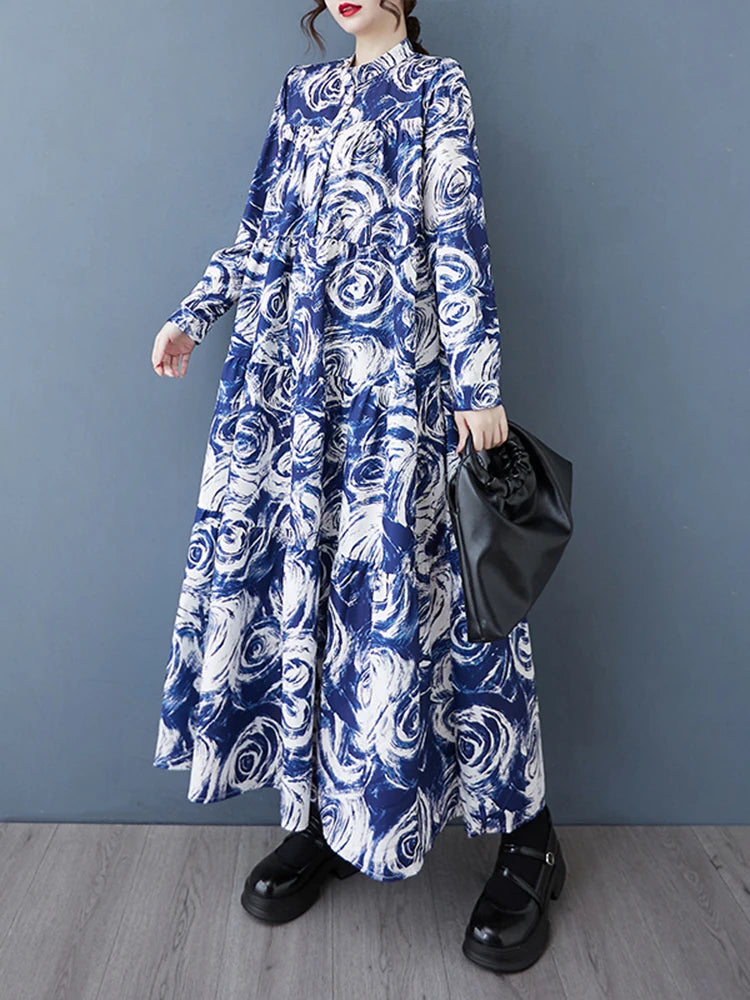 XITAO Contrast Color Print Patchwork Stand Collar Dress Long Sleeve Pullover Loose Mid-calf Casual Slimming Dress HQQ2469