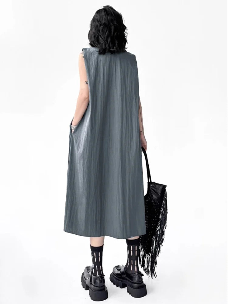 XITAO Women Sleeveless Vintage Dress V-neck Loose Casual Single Breasted Solid Color Slimming Summer Female Dress ZMY1393