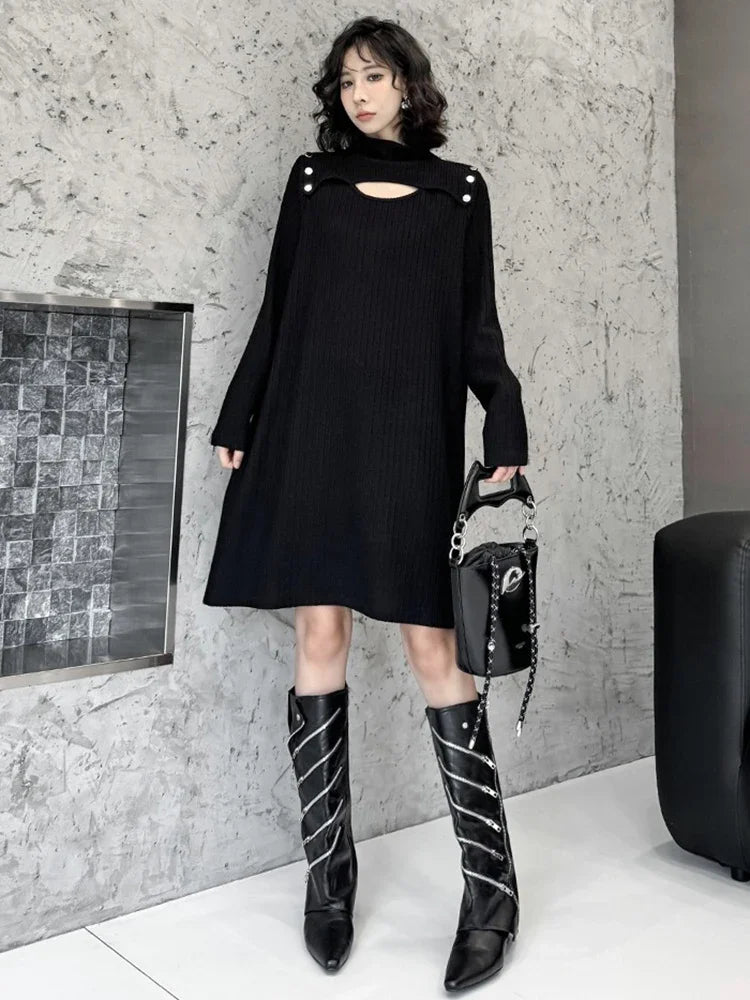 XITAO Solid Color Temperament Hollow Out Dress Loose Pullover Sliming Full Sleeve Mid-calf All Match Knitted Dress ZYY1022
