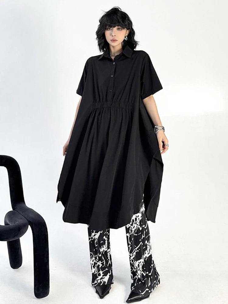 XITAO Asymmetrical Solid Color Patchwork Side Slit Dress Turn-down Collar Loose Casual Simple Slim Summer Woman Dress ZMY1302