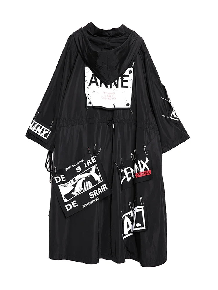 XITAO Spliced Black Trench For Women Tide Long Print Streetwear Hoodie Casual Female Wide Waisted Coat 2019 ZLL1100