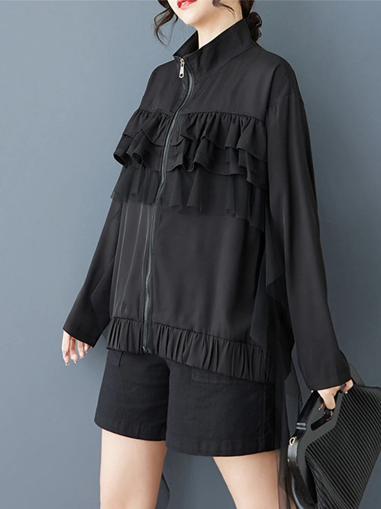 XITAO Gauze Contrast Color Ruffles Zipper Jacket Stand Collar Patchwork Loose Long Sleeve Temperament Casual Coat GYX1510