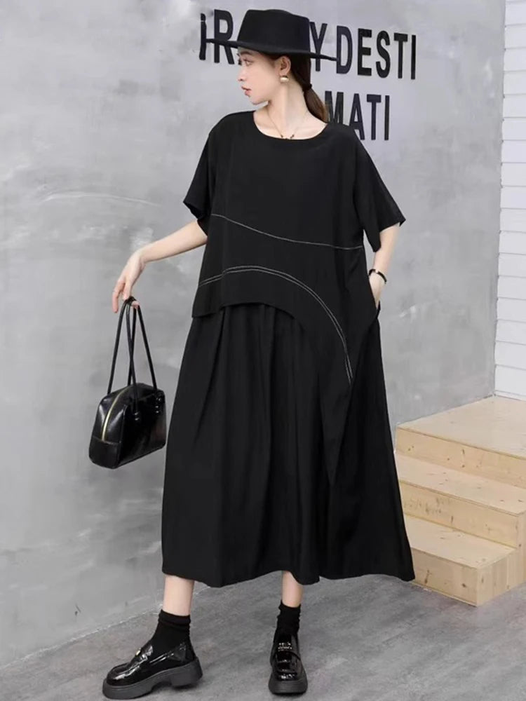 XITAO A-line O-neck Vintage Dress Solid Color Patchwork Short Sleeve All-match Pullover Personality Summer Woman Dress ZMY1380