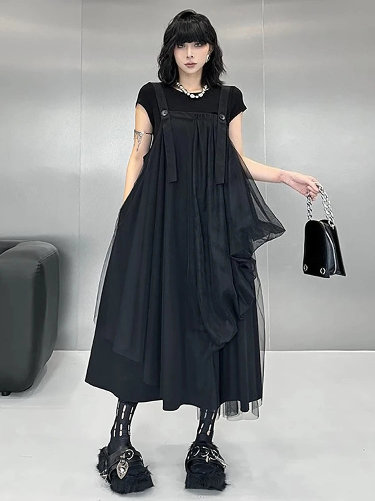 XITAO Gauze Patchwork Asymmetrical Dress Square Collar Solid Color Loose Slimming Sleeve Spaghetti Strap Casual Dress ZMY1306