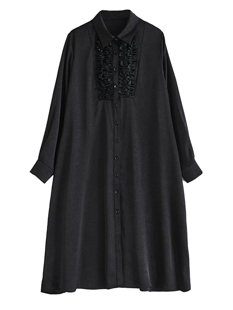 XITAO Loose Vintage Patchwork Shirt Dress Casual Solid Color All-match Single Breasted Women Long Sleeve A-line Dress GYX1562