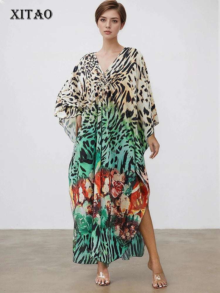 XITAO Leopard V-neck Vintage Dress Print Side Slit New Arrival Bat Wing Sleeve Loose Casual Pullover Summer Woman Dress GJ1179