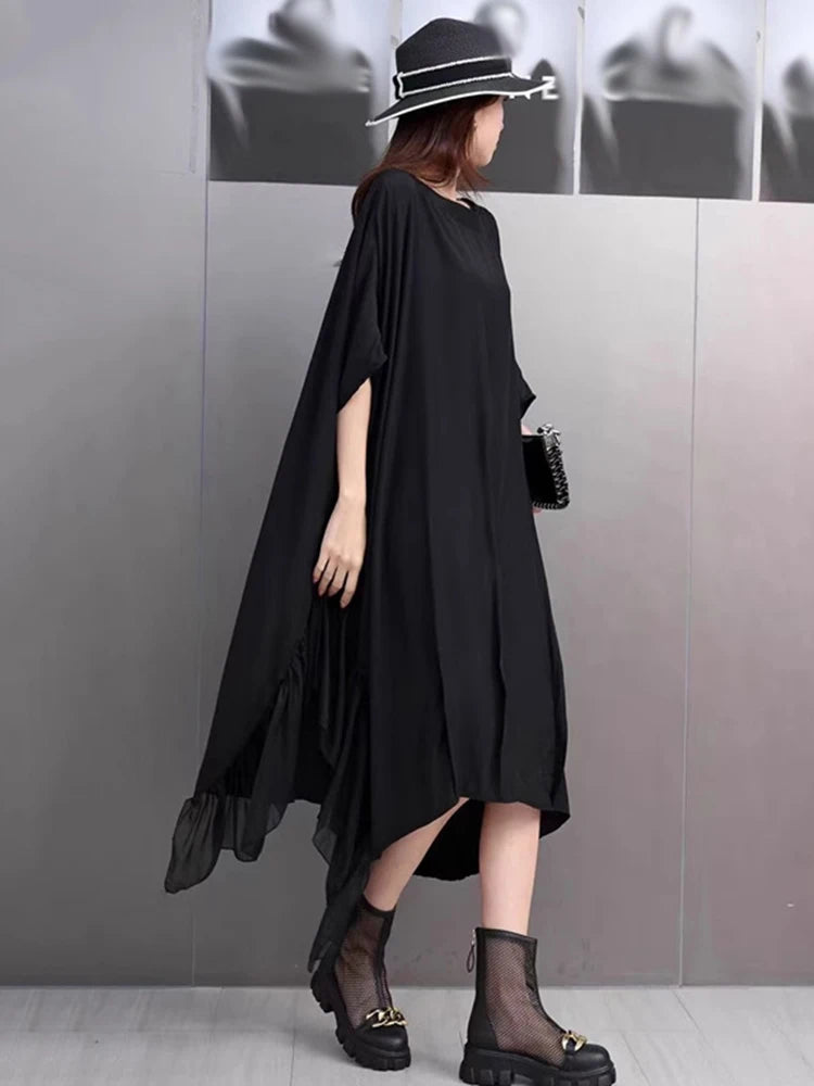 XITAO Loose Irregular O-neck Dress Fashion Mesh Patchwork Women Summer Simple Solid Color Elegant Temperament Dress HQQ2489