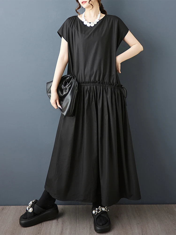 XITAO Pleated Drawstring Loose Dress Edible Tree Fungus Solid Color O-neck Casual Slimming All-match Summer Woman Dress ZMY1310