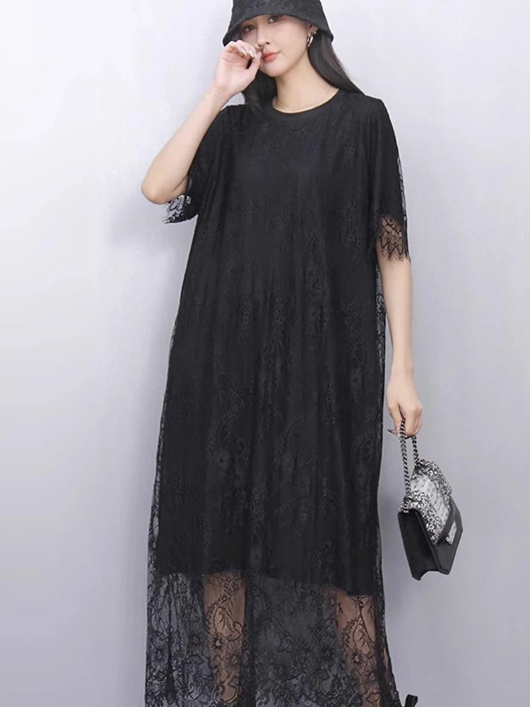 XITAO Lace O-neck Half Sleeve Dress Casual Loose Fitting Elegant Comfortable Slimming Summer Fashion Women Dress ZMY1207
