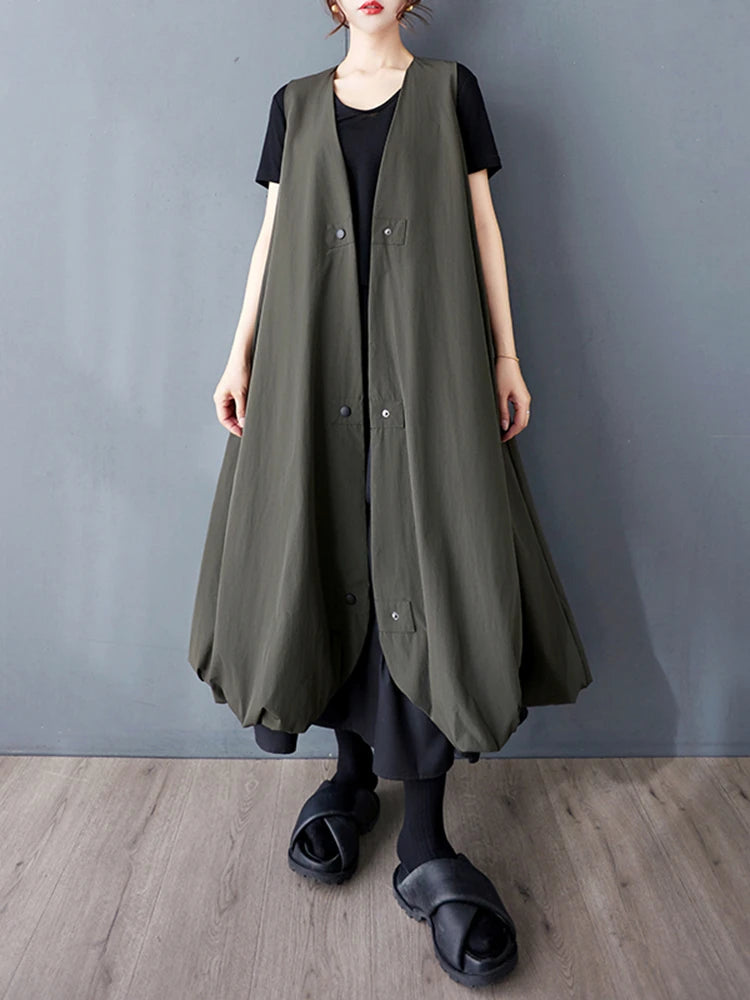 XITAO Bud Single Breasted V-neck Sleeveless Dress Casual Solid Color A-line Mid-calf New Leisure Summer Women Dress GYX1558