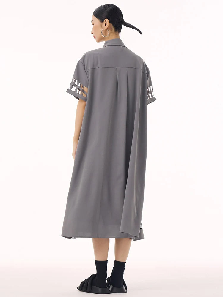 XITAO Hollow Out Patchwork Mesh Half Sleeve Dress Turn-down Collar Vintage Casual Solid Color Single Breasted Dress GMM1351