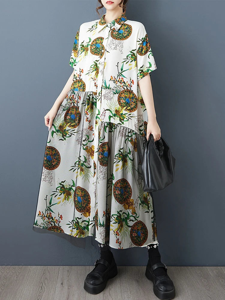 XITAO Gauze Patchwork Print Dress Turn-down Collar Loose Short Sleeve Casual Temperament Slimming Summer Woman Dress ZMY1293