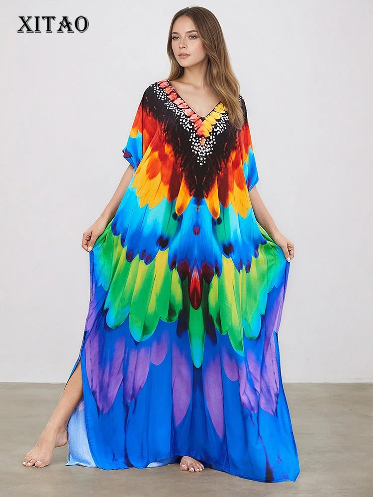 XITAO V-neck Ankle-length Dress Loose Casual Vintage Side Slit Bat Wing Sleeve Personality Pullover Summer Woman Dress GJ1187