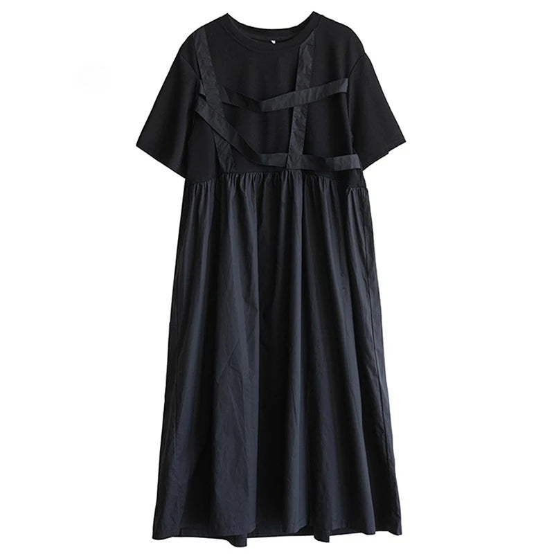 XITAO Asymmetric Pleated Patchwork O-neck Dress Casual Loose Fitting A-line Short Sleeve Thin Pullover Women Dress ZMY1044
