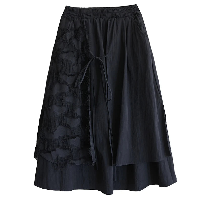 XITAO Gauze Patchwork Bandage Solid Color Skirt Pocket Elastic Waist Loose A-line Mid-calf Temperament Casual Skirt HQQ2463